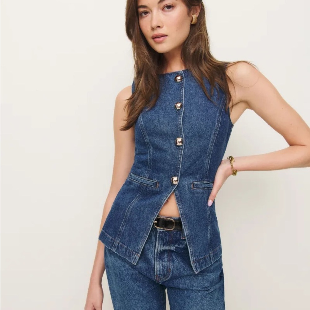 Reformation Ophelia Blue Button Down Denim Top